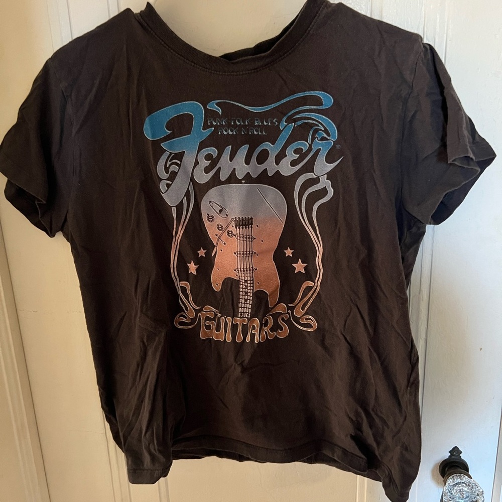 Fender Kids' Black Tee with Blue and Brown Guitar Graphic